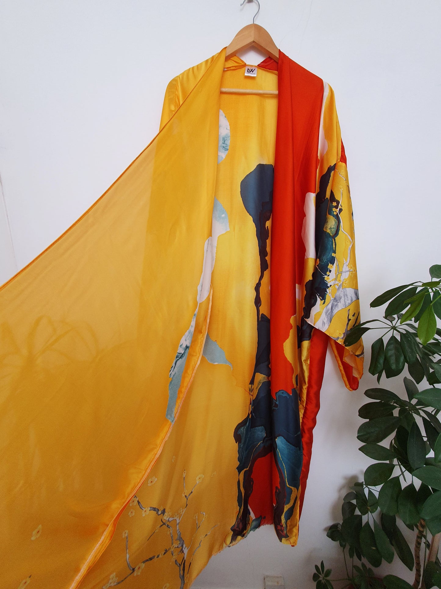 Yellow and red silky kimono inside