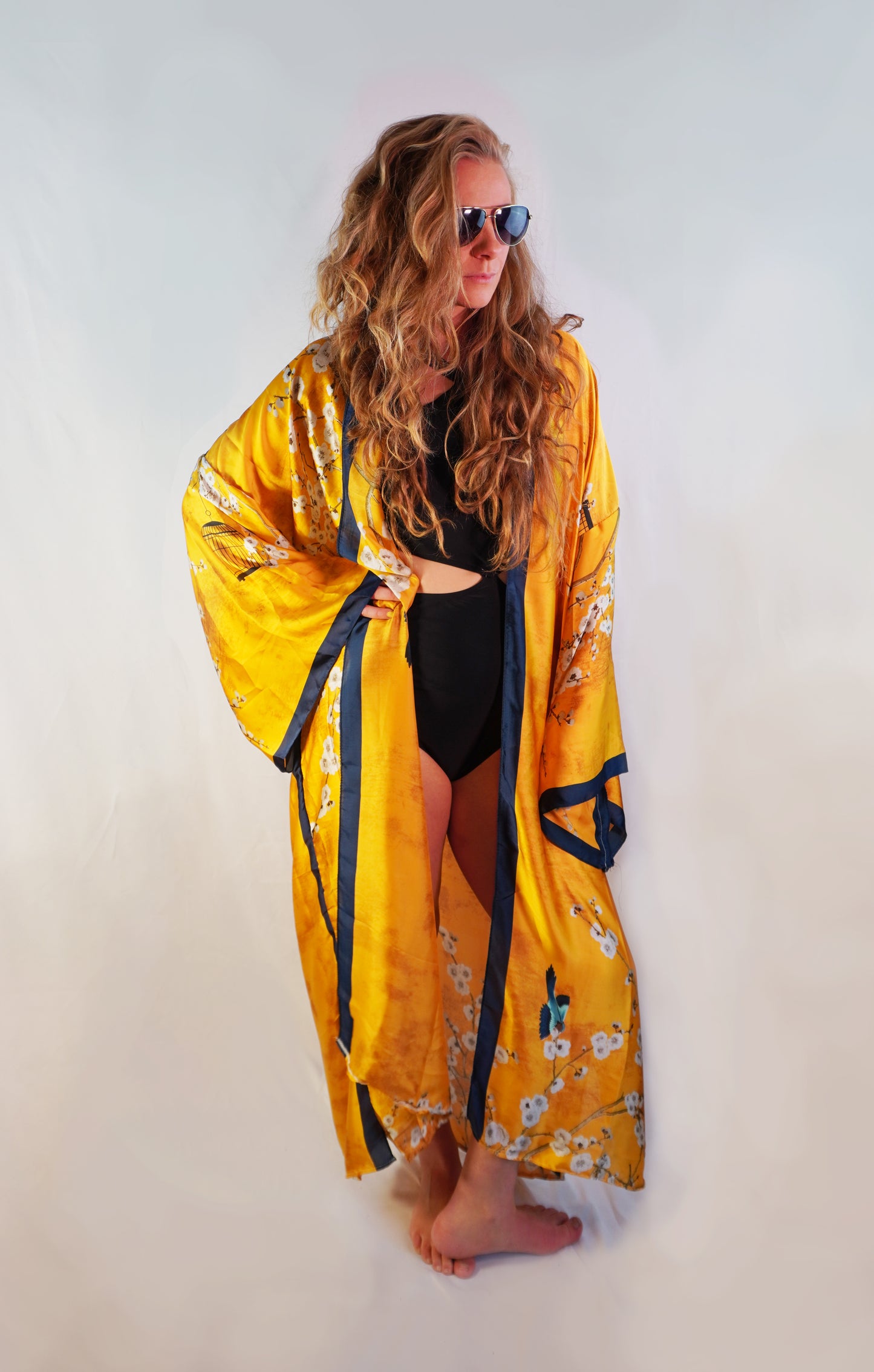 Gold blossom kimono beach outfit