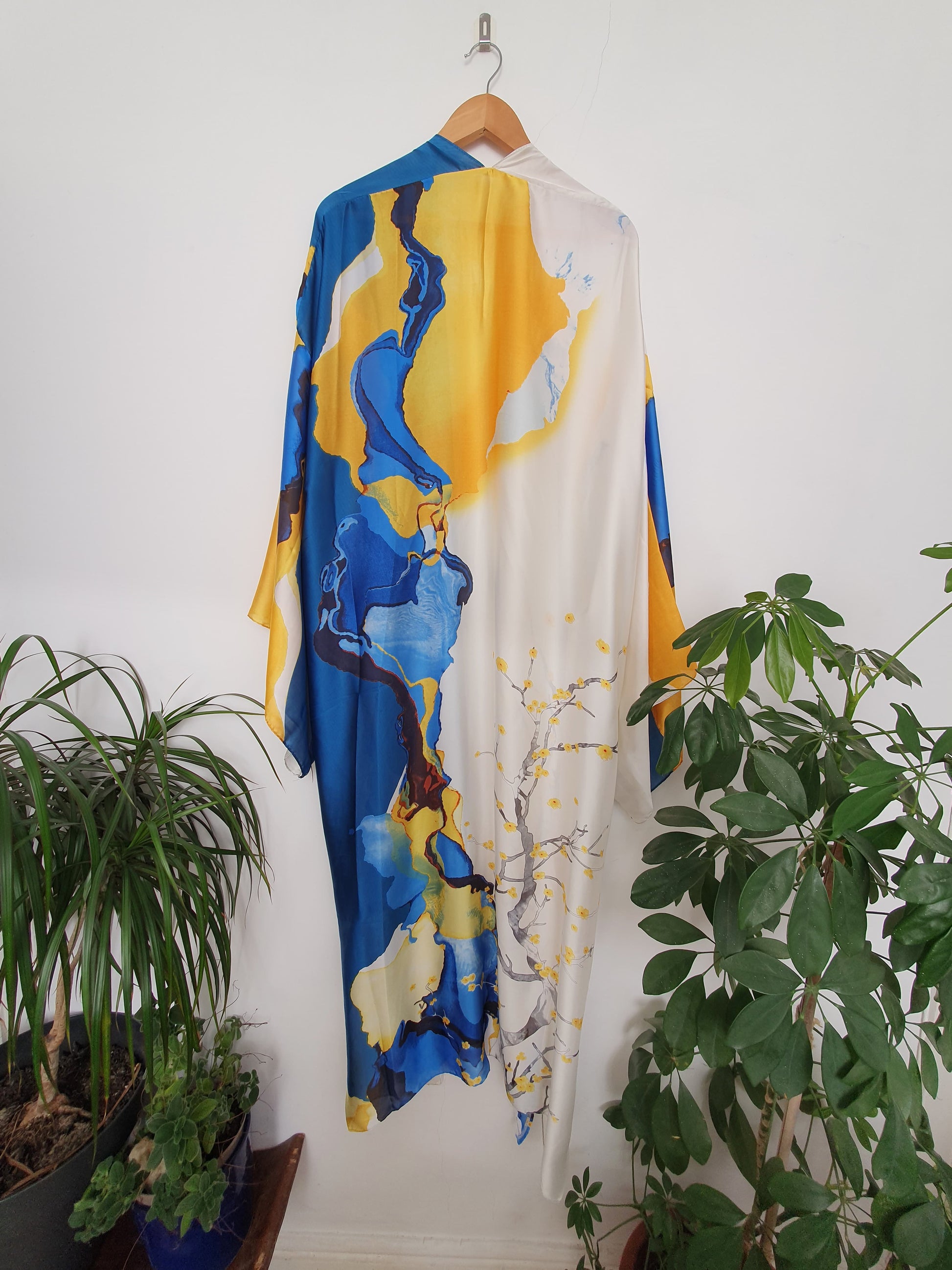 Abstract silk blue and yellow kimono from the back 