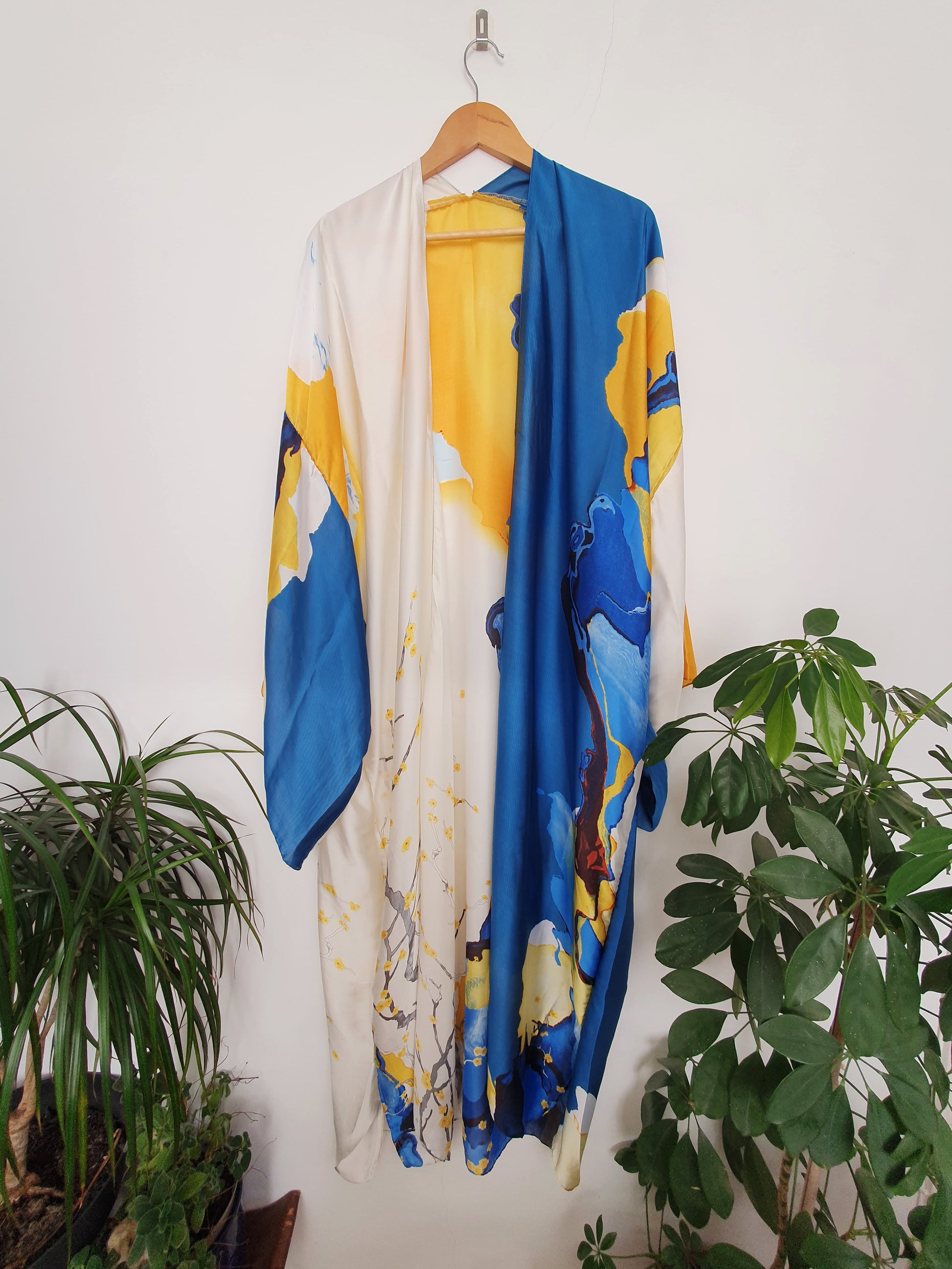 Abstract blue and yellow kimono from the front