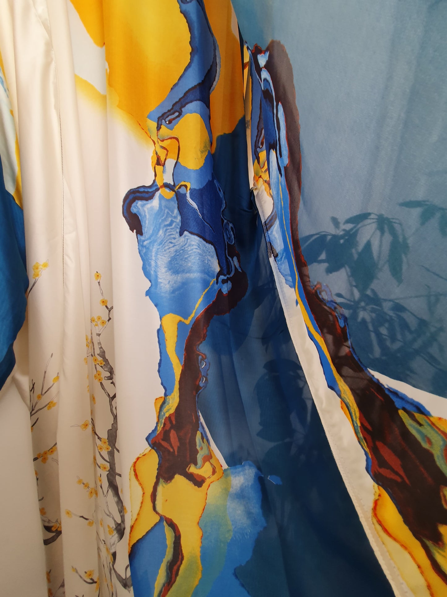 Abstract silk blue and yellow kimono - close up design