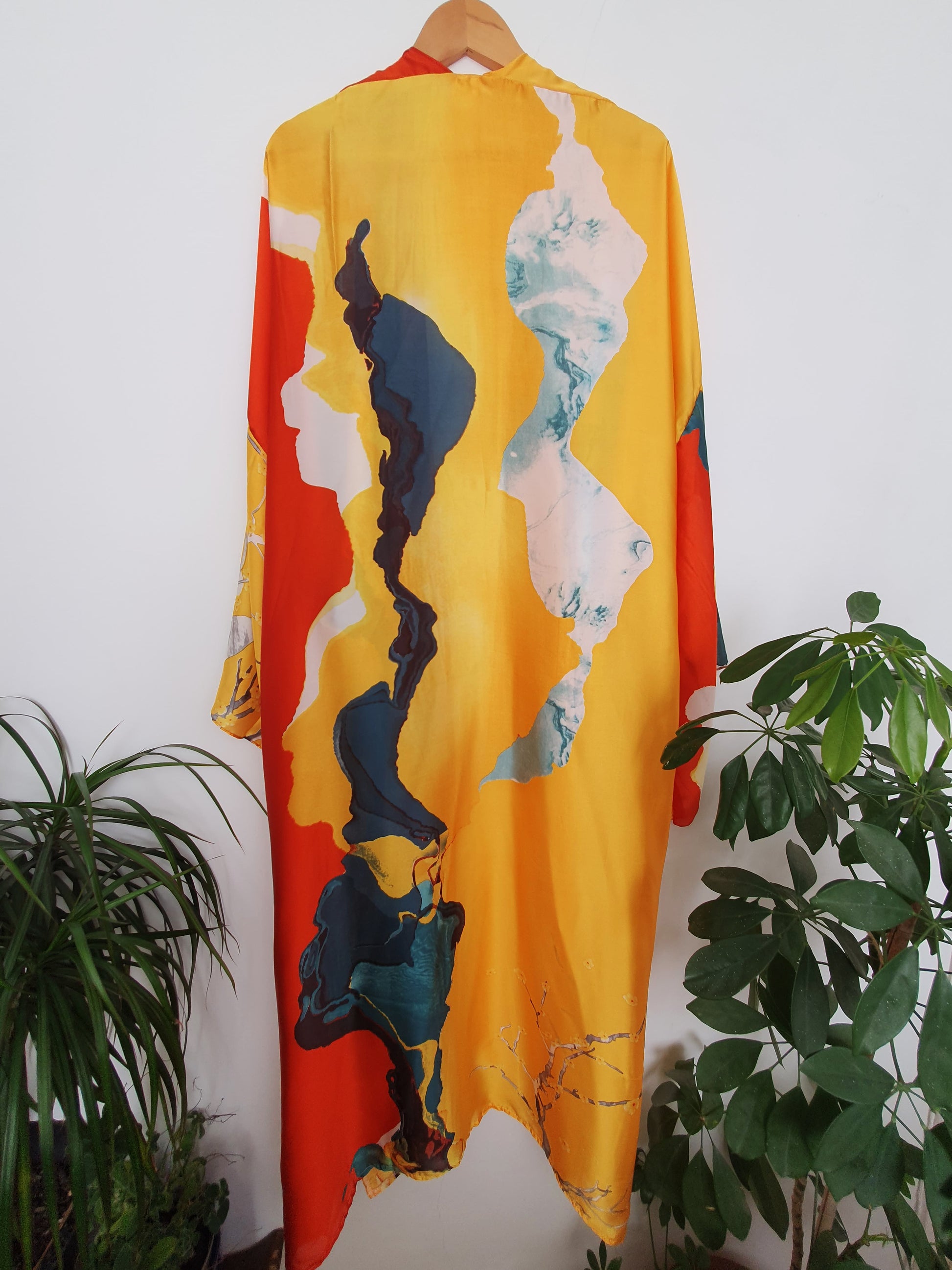 Red and yellow phoenix kimono from the back 