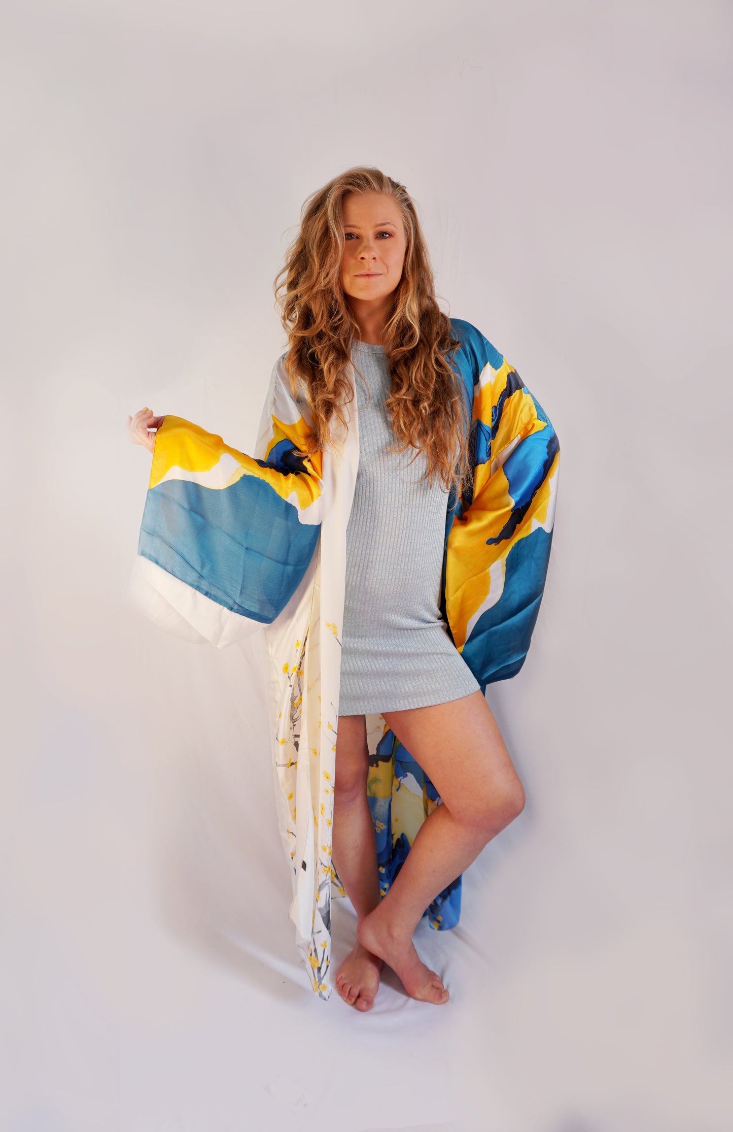 Abstract silk blue and yellow kimono