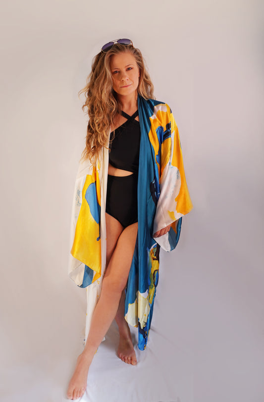 Abstract blue and yellow Kimono. Leo Wood front shot 